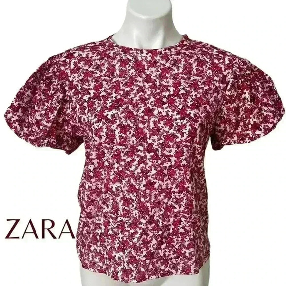 ZARA Short Puff Sleeve Floral Top - Picture 1 of 9